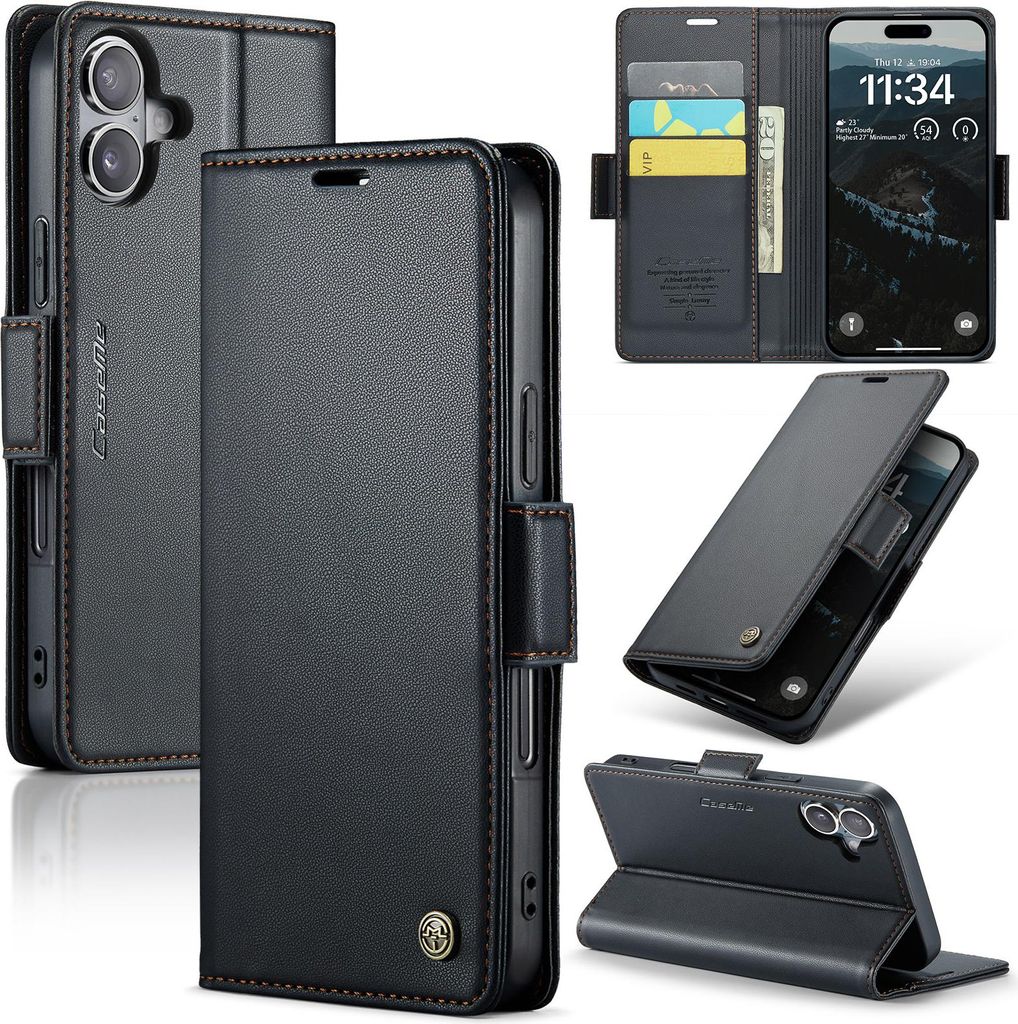 Lederhülle für iPhone 17 Brieftasche Kartenfach Schutzhülle mit Standfunktion Schwarz