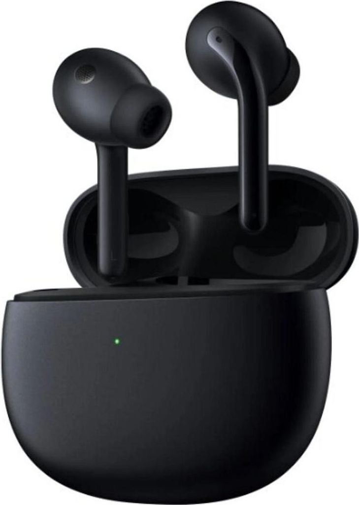 A pair of black wireless earbuds and their charging case are shown against a white background.