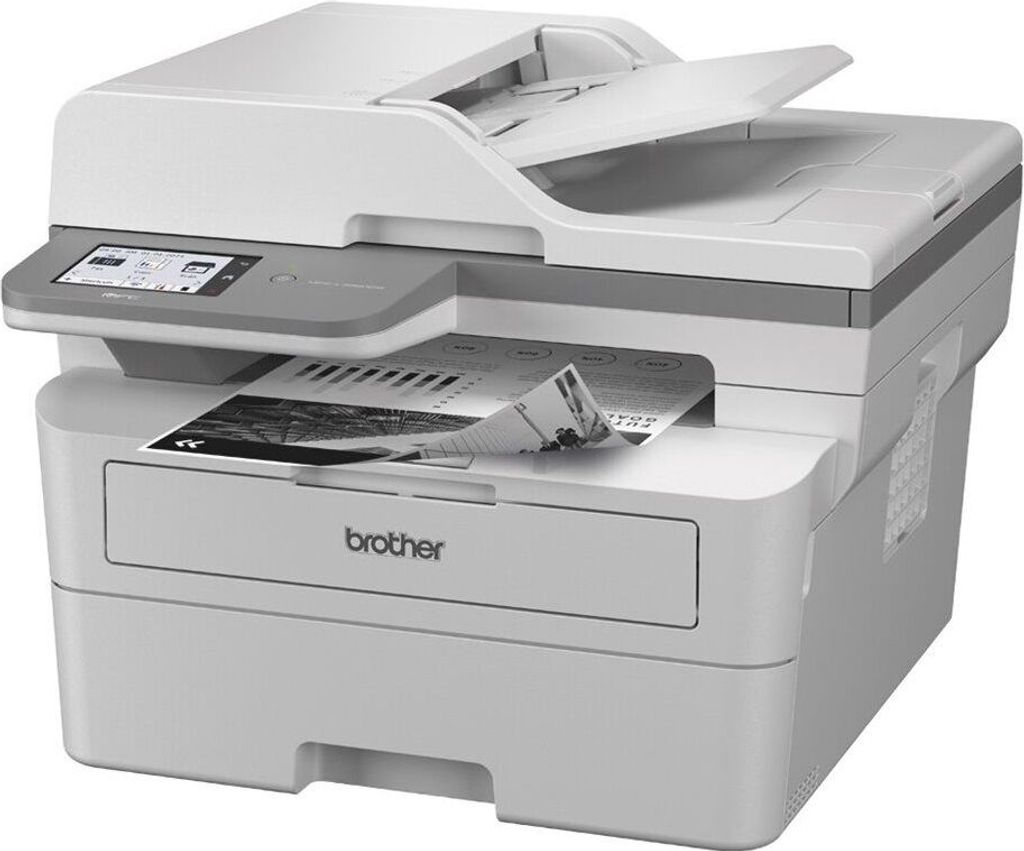 A Brother MFC-L2960DW laser printer is shown from a front-side angle against a white background. A document is partially fed into the output tray.