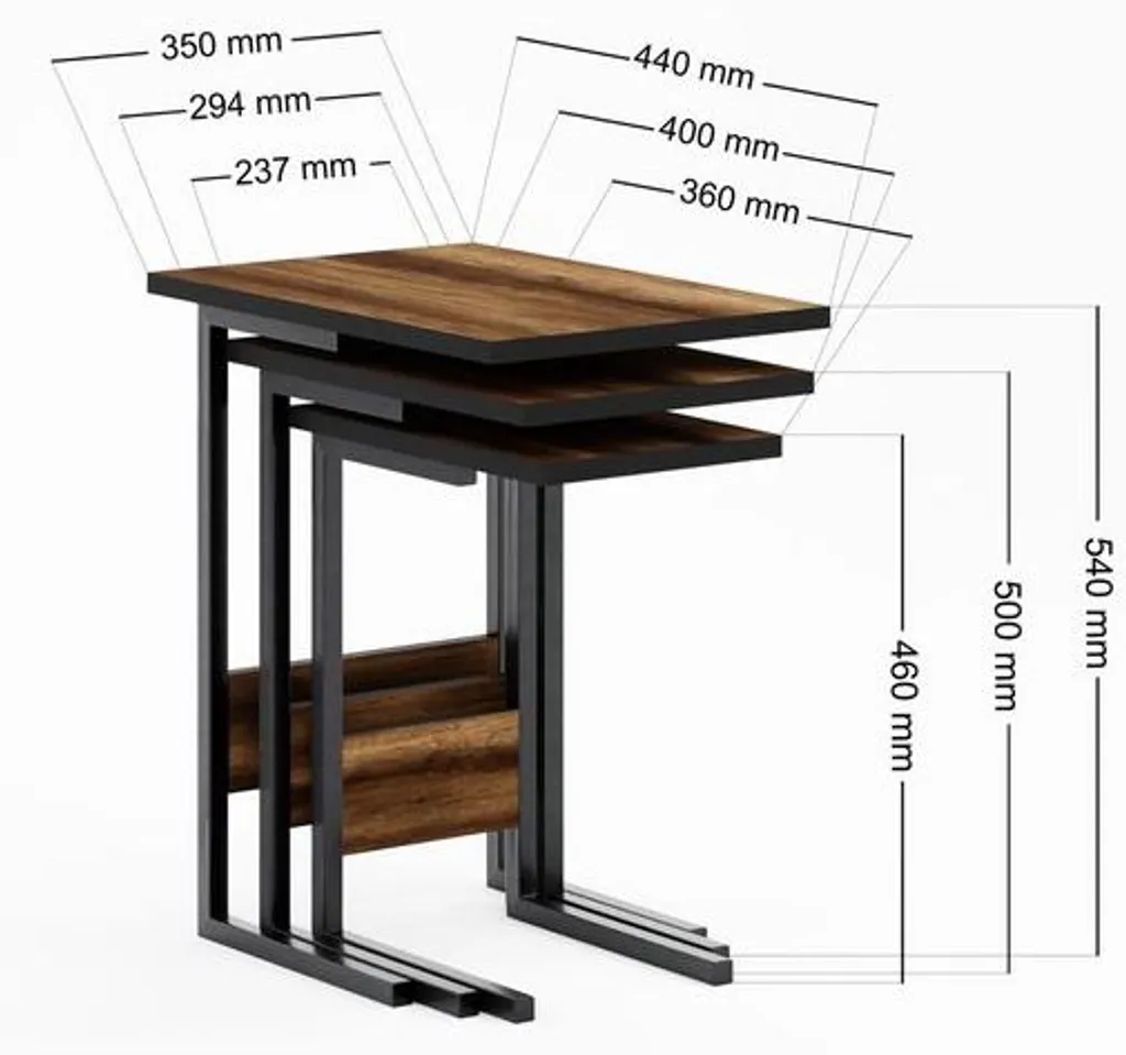 Lot de 3 tables d'appoint industrielles en métal et aspect pin vieilli