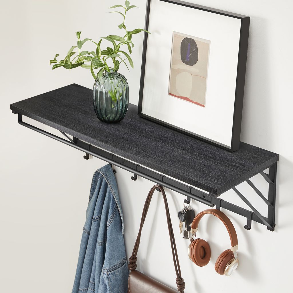 ACAZA Wandgarderobe Industrial Design – Mit Regal, Kleiderstange & 5 Haken (66x27x30 Cm)
