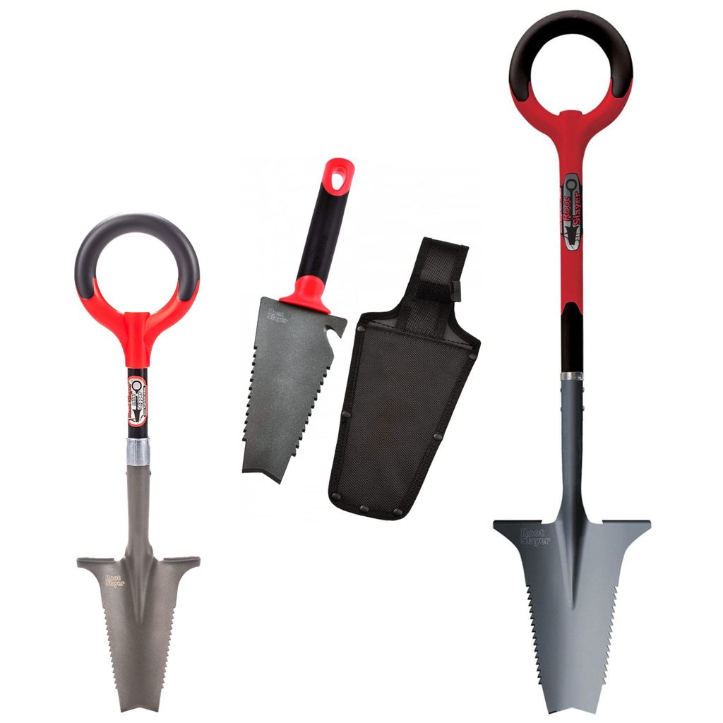 Root Slayer Set Wurzelspaten + Blumenkelle + Mini Wurzelspaten, ergonomisch & robust, Spaten & Schaufel mit Schneidspitze & Wurzelsäge, rot