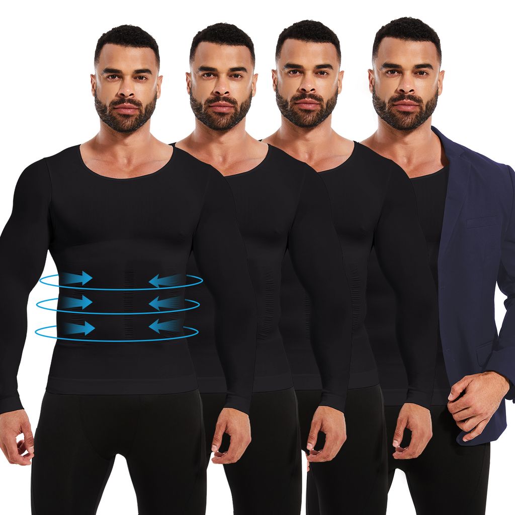 4Er Herren Langarm Kompressionsshirts Shapewear Oberteile Body Shaper Unterhemd Schwarz S
