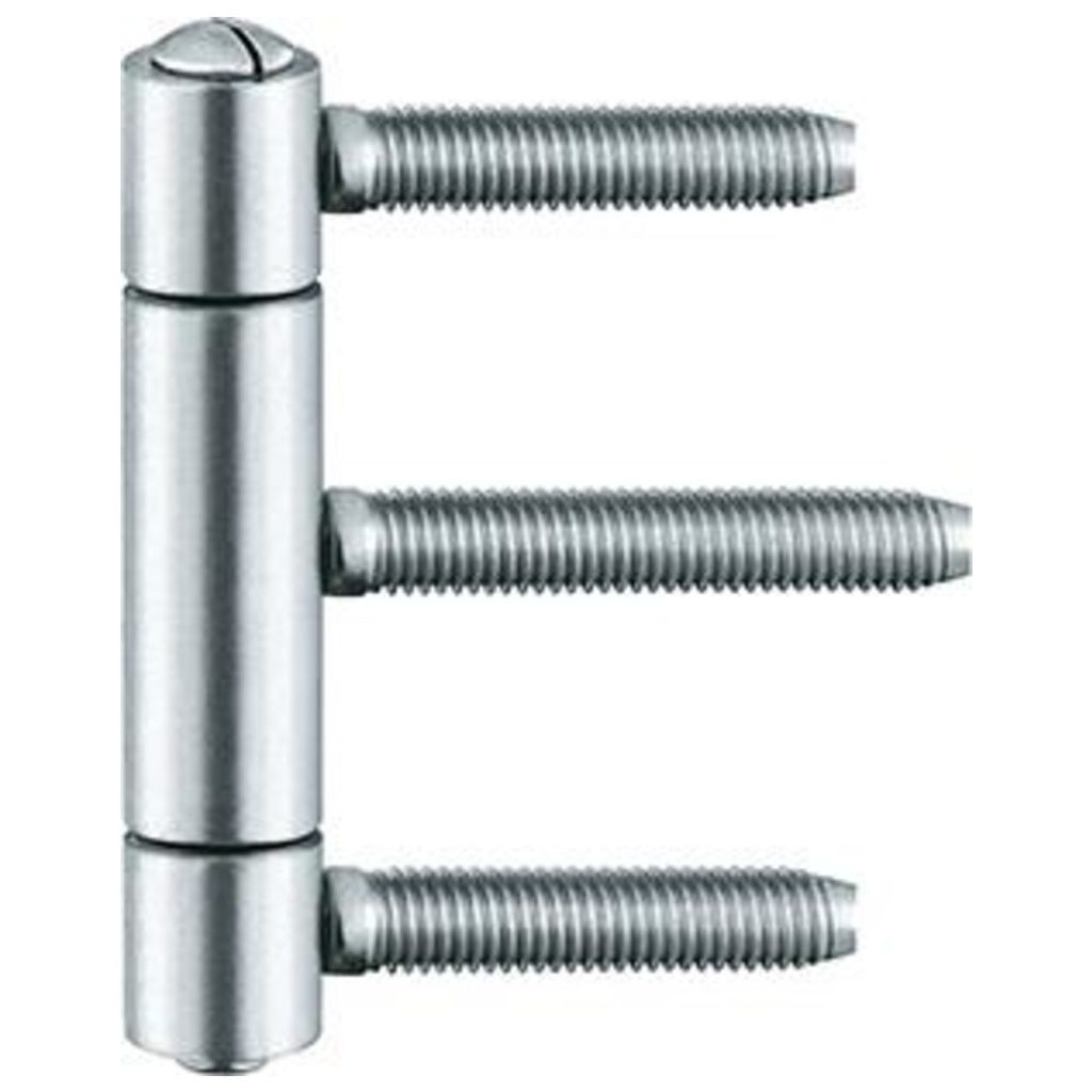 A single metal hinge with three threaded posts, isolated on a white background.