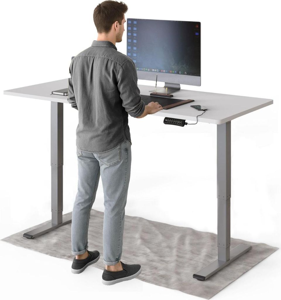 DESKSPACE PRO Plus Elektrisch höhenverstellbarer Schreibtisch, 160x80 cm Stehpult mit Memory-Funktion, Weiße Tischplatte, Graues Gestell