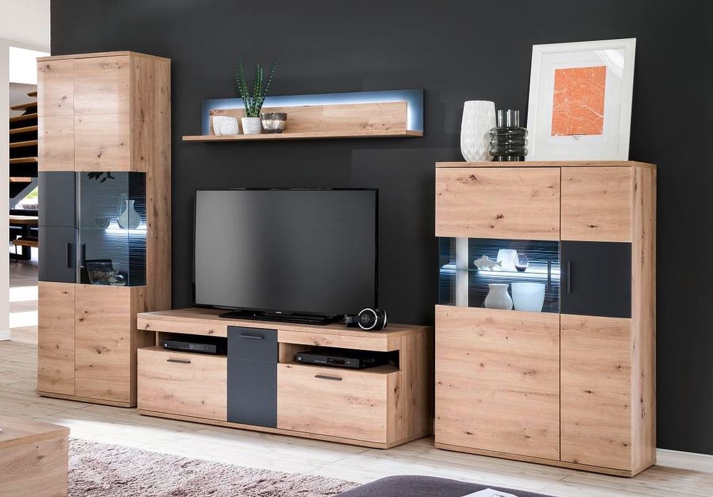 Wohnwand HARPER MADANG BHT 330x198x50 cm braun Anbauwand