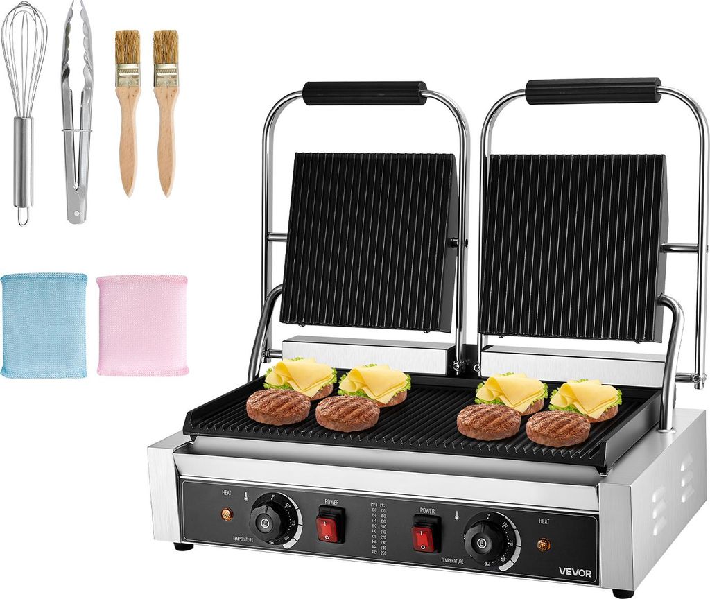 VEVOR kommerzieller Kontaktgrill 3600 W Elektrogrill Sandwichmaker (Doppelbackplatten) Panini Presse aus Edelstahl mit Temperaturregelung, 48 x 23 ...