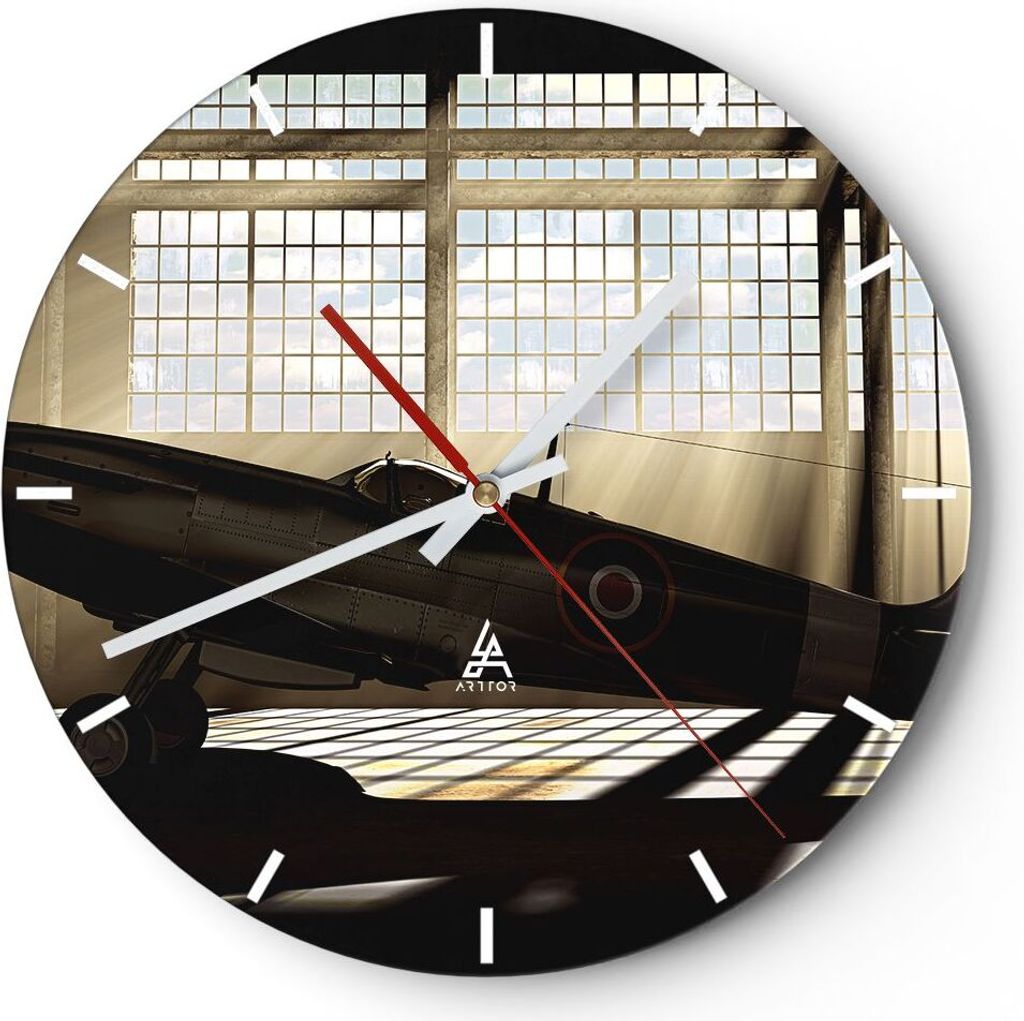 Wanduhr - Rund - Glasuhr - Airplain Hangar Flug historisch - 40x40cm - Schleichendes Uhrwerk - Lautlos - zum Aufhängen bereit - Dekoration Modern ...