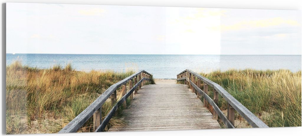 DEQORI Glasbild Echtglas 150x60 cm 'Steg ins Blaue' Wandbild Bild modern Deko