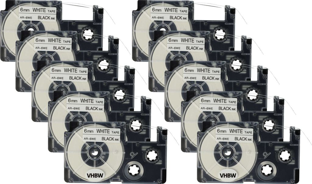 vhbw 10x Schriftband-Kassette Ersatz für Casio XR-6WE1, XR-6WE für Etiketten-Drucker 8m x 6mm Schwarz auf Weiß