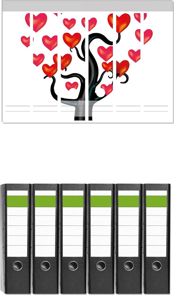 Wallario 6 Stück breite Ordner inkl. Klebeetiketten mit Motive Comic Baum mit Herzen - Set mit Rückenschildern / Ordnerrücken Stickern