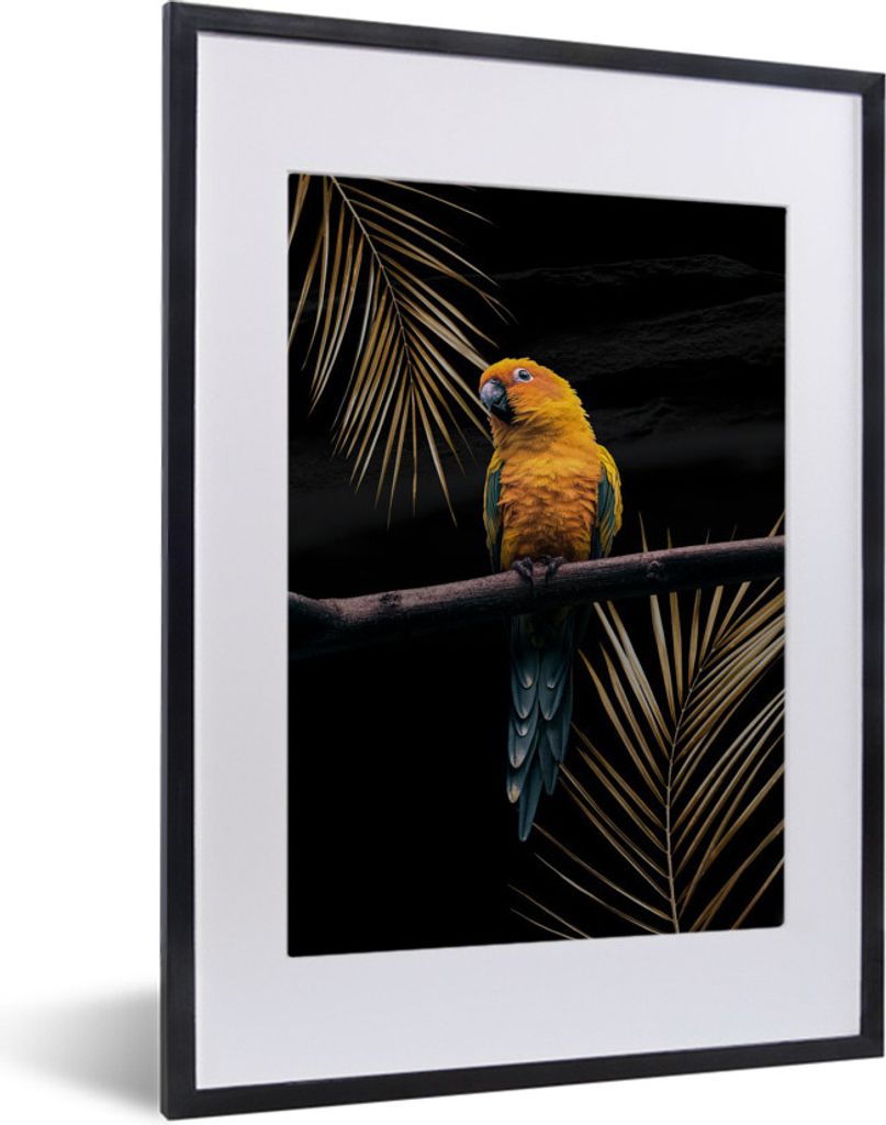 MuchoWow MuchoWow Gerahmtes Poster Papagei - Farn - Zweig 30x40 cm - Poster mit zchwarzem Bilderrahmen - Wandposter Schlafzimmer