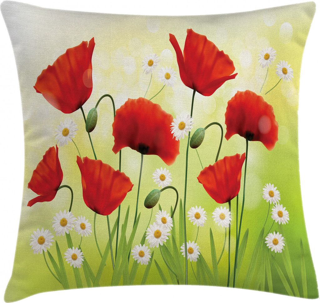 ABAKUHAUS Blume Kissenbezug, Floral Kamille Mohn, aus Farbfesten Waschbaren Stoff Beidseitiger Druck mit robusten Reißverschluß, 45 x 45 cm, Grü...