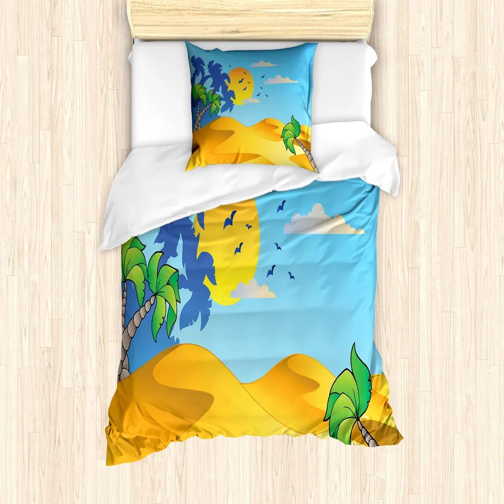 ABAKUHAUS Set copripiumino per letti singoli, paesaggio desertico con palme, antiacaro, adatto a chi soffre di allergie, con federa, 135 cm x 200 cm - 80 x 80 cm, marigold e multicolore