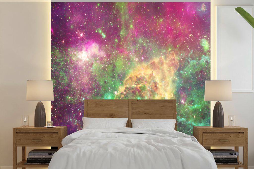 MuchoWow Fototapete für Wohnzimmer oder Schlafzimmer Wandtapete Vinyl Motivtapete Weltraum - Sterne - Farben - 300x300 cm - Wanddekoration