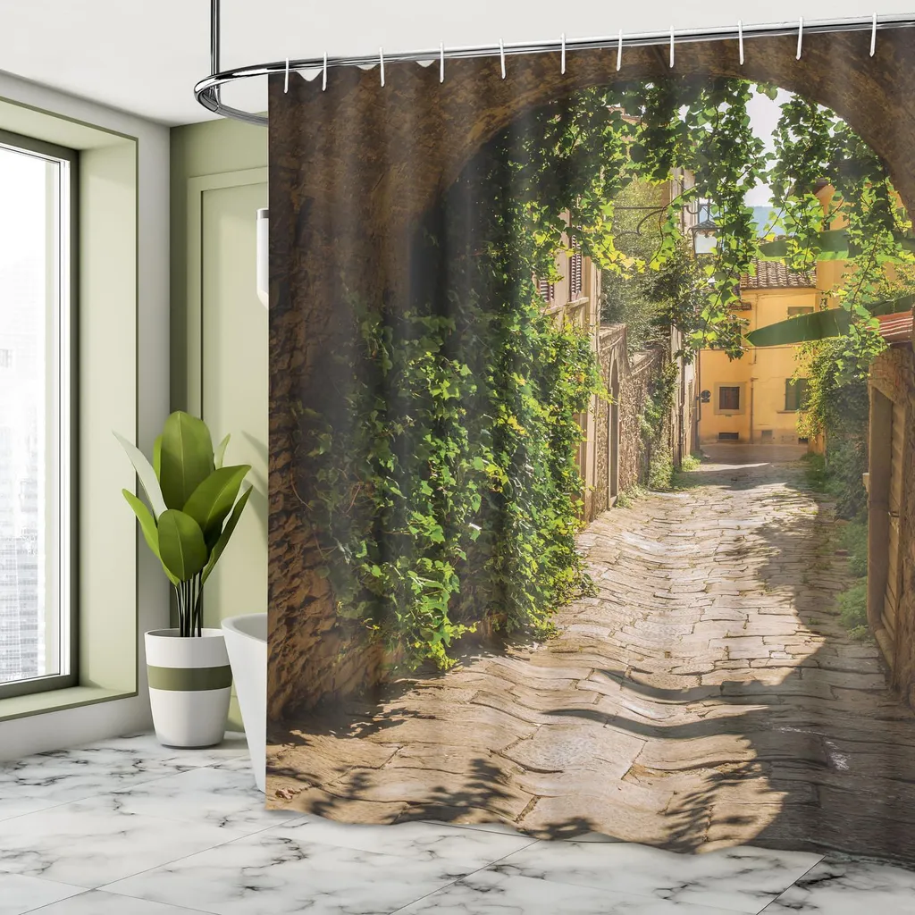 Tenda Da Doccia In Tessuto The Balcony Of Old Castle, 183x183 Cm, Impermeabile E Antimuffa, Con 12 Ganci Inclusi - 2