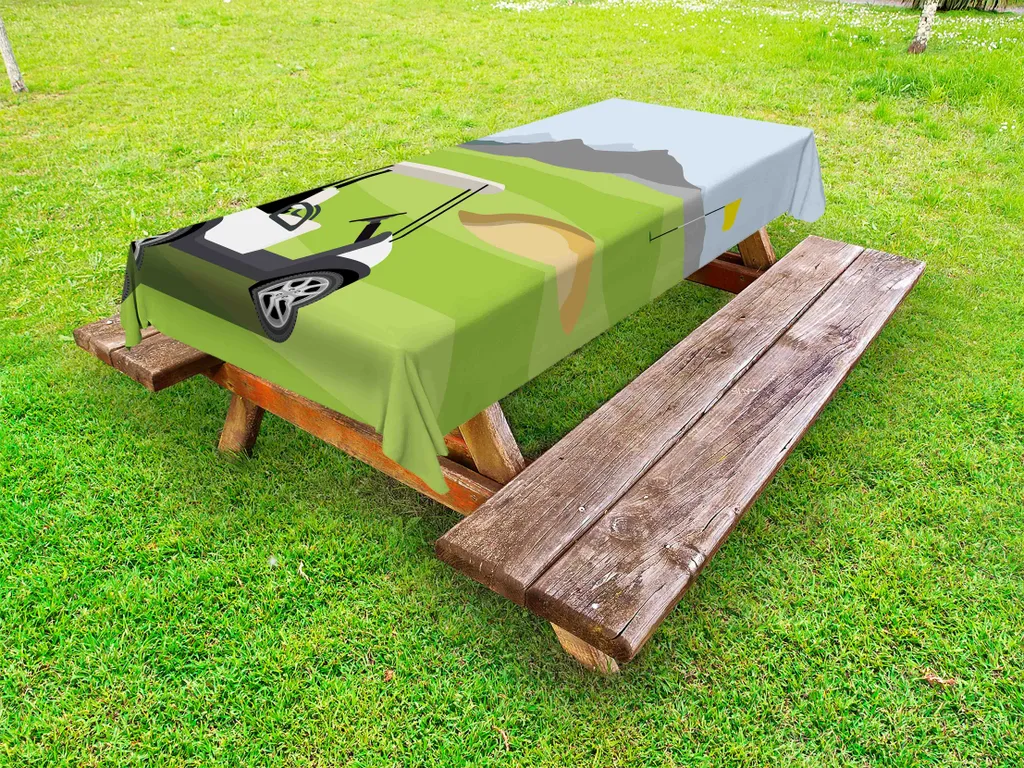 ABAKUHAUS Tovaglia da esterno con motivo golf, paesaggio cartoon con campo da golf, montagne e bandiere stampate, verde lime multicolore, 145x265 cm