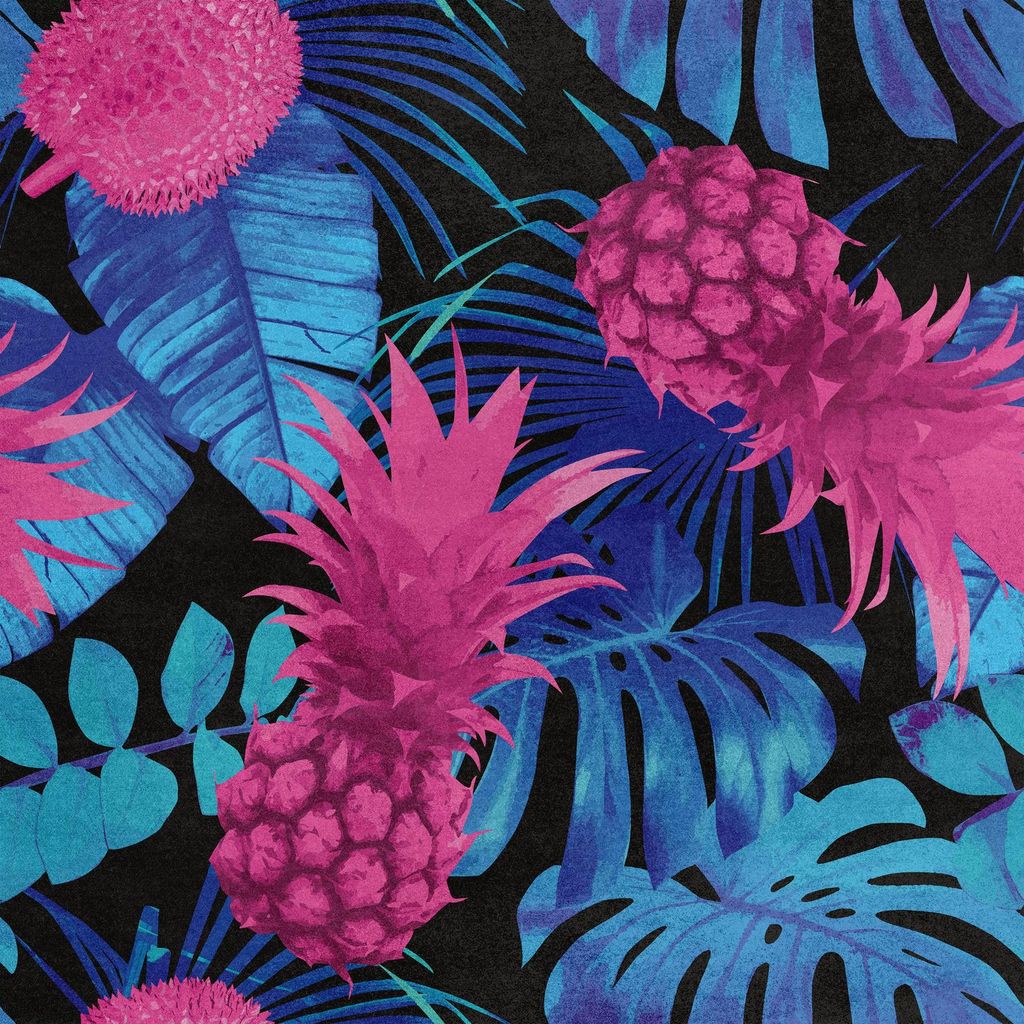 Royal Samt Stoff Polyester Zum Nähen - Motiv Ananas und Palmblätter