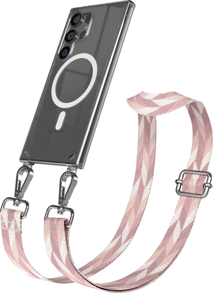 EAZY CASE - Handykette mit MagSafe Hülle für Samsung Galaxy S24 Ultra, Handyband Mix Style, Karabiner Silber, Umhängeband in Rosa