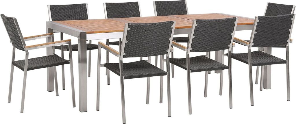 BELIANI Gartenmöbel Set Eukalyptusholz Edelstahl Tisch 220 cm 8 Rattanstühle Schwarz Terrasse Outdoor Modern Garten Terrasse