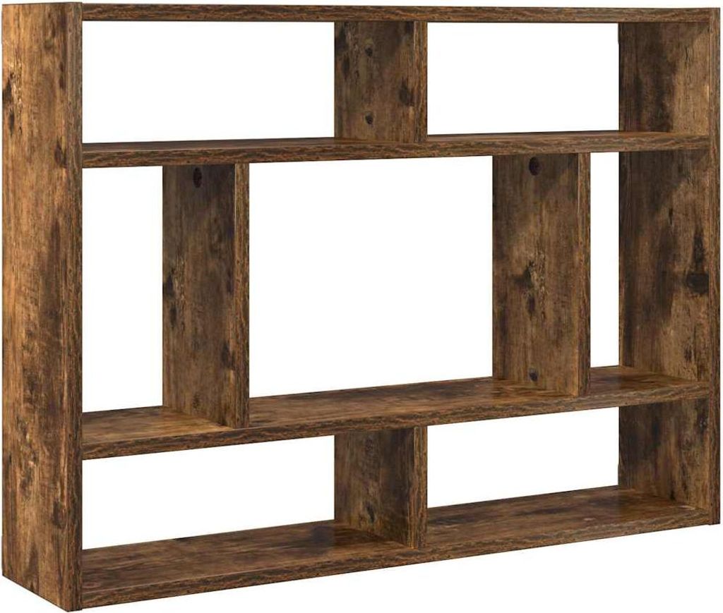 A wooden wall shelf with multiple compartments against a white background.