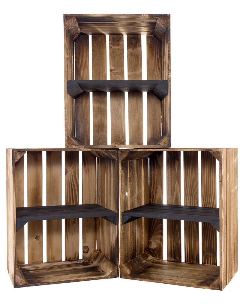 3er Set geflammte/flambierte Holzkiste mit Mittelbrett Quer Schwarz 50cm x 40cm x 30cm Regal Weinkiste Apfelkiste Box Obstkiste