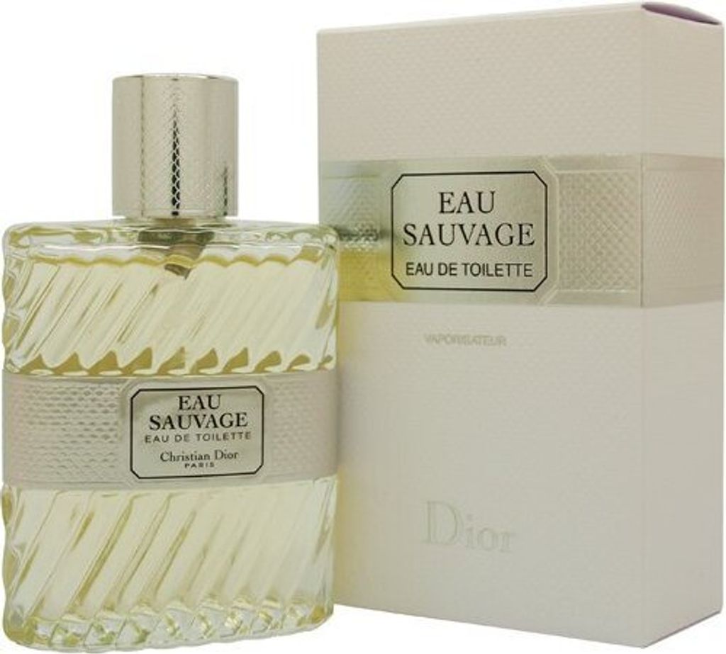 A bottle of Dior Eau Sauvage Eau de Toilette for men and its packaging are displayed against a white background.