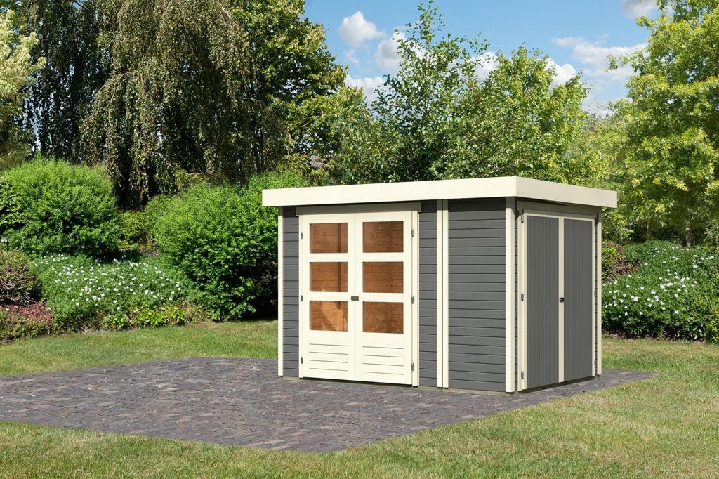 Karibu Gartenhaus Gerätehaus Retola 2 inkl. Anbauschrank terragrau 284x217x211 cm