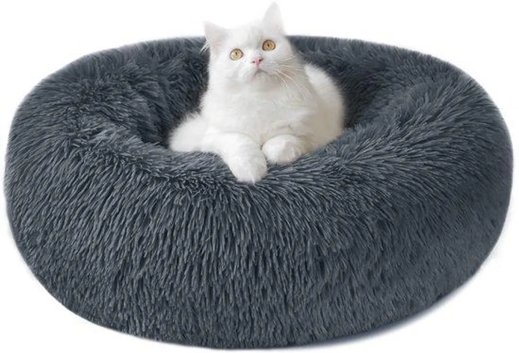 Lit chat lavable anti-odeur, coussin rond peluche moelleux gris 40cm