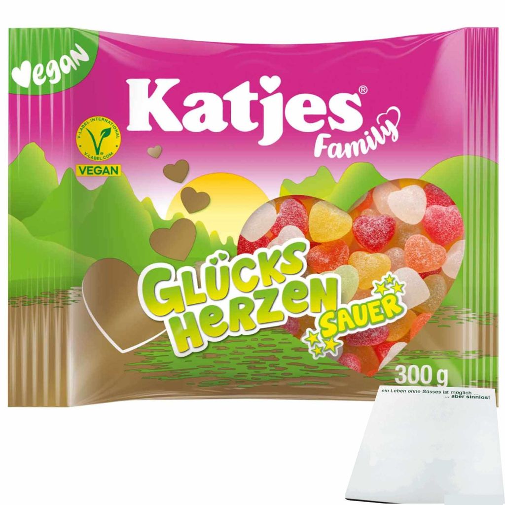 Katjes Family Glücksherzen Sauer (300g Beutel) + usy Block Produktbild 