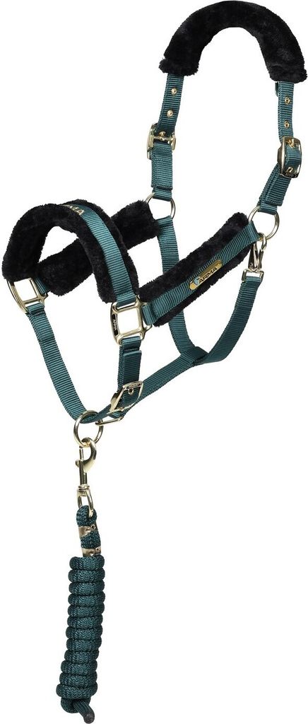 ARMA - Pferdehalfter und Führstrick Set, Logo, Kunstfell ER1836 (XFull) (Grün)