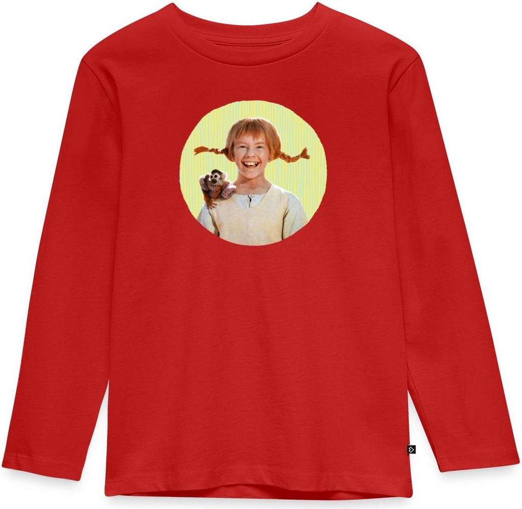 Spreadshirt Pippi Langstrumpf Mit Herr Nilsson Portrait Kinder Premium Langarmshirt, 134/140 (8 Jahre), Rot
