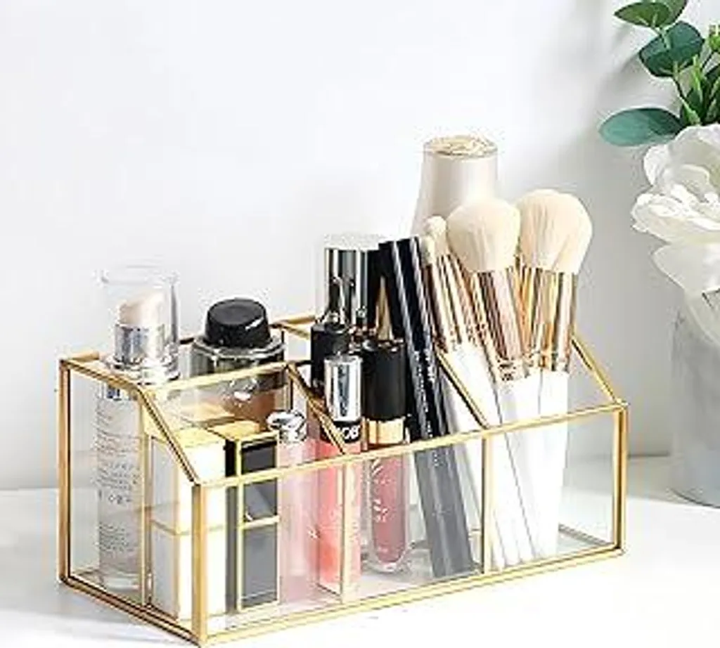 Scatola Porta Cosmetici Oro e Vetro | Organizer 5 Scomparti HARLIANGXY