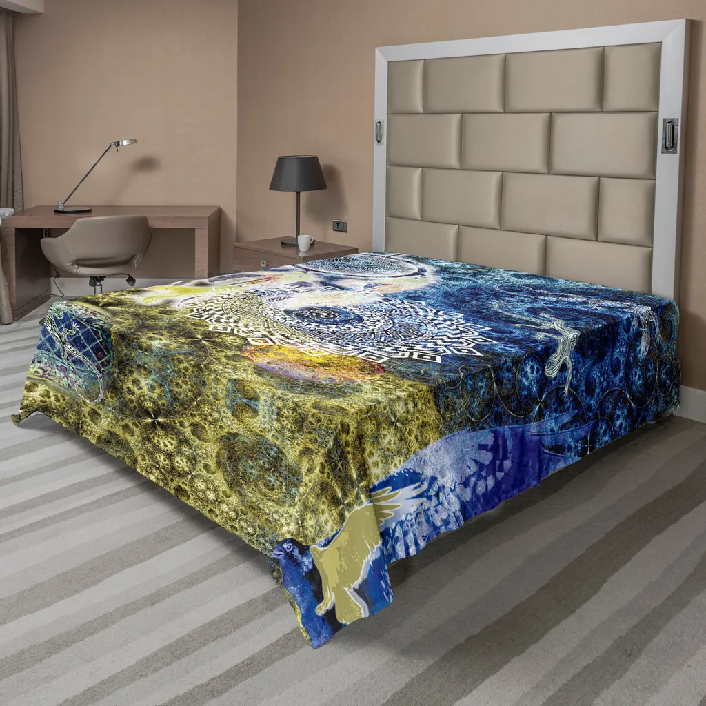 Drap de lit plat bohème avec attrape-rêves indigo et jaune, 244 x 205 cm