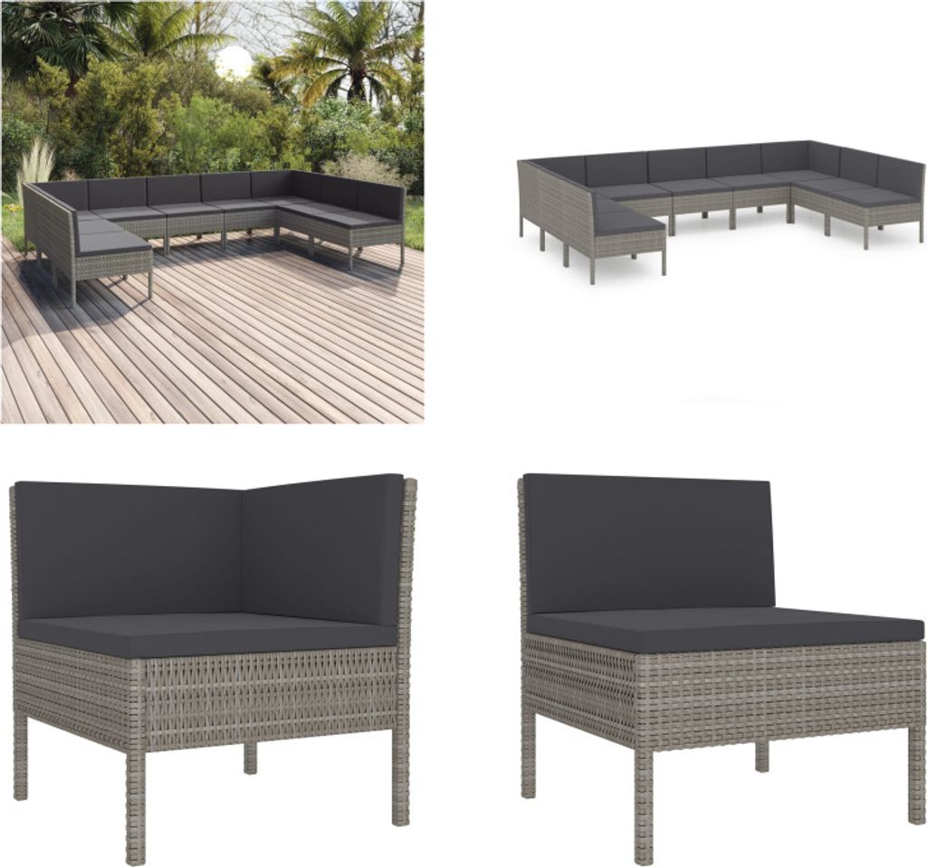 vidaXL 9 tlg. Garten Lounge Set mit Auflagen Poly Rattan Grau - Garten-Sofagarnitur - Garten-Sofagarnituren - Gartensofa-Set - Gartensofa-Sets