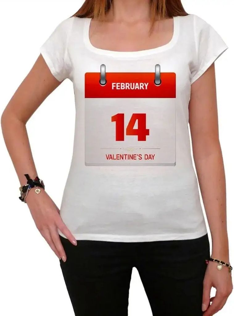 Damen Grafik T-Shirt Kalender zum Valentinstag – Valentines Day Calendar – Öko-Verantwortlich Vintage Jahrgang Kurzarm Lustige Druck Geburtstag