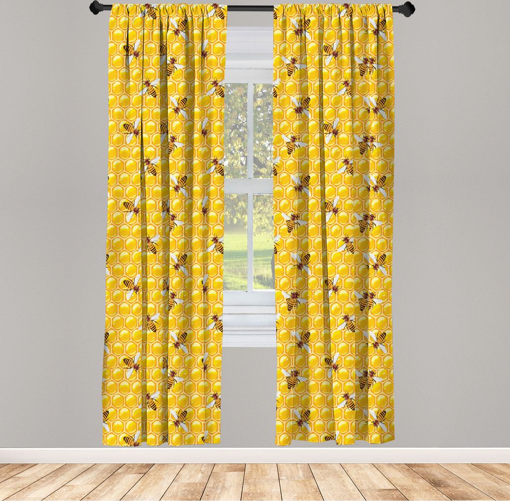ABAKUHAUS Biene Vorhänge, Gardinen, Honigbienen Arbeiten auf Honeycomb Hard Worker Insekten Illustration Drucken, 2 Stück 75 x 175 cm, , Orange A...