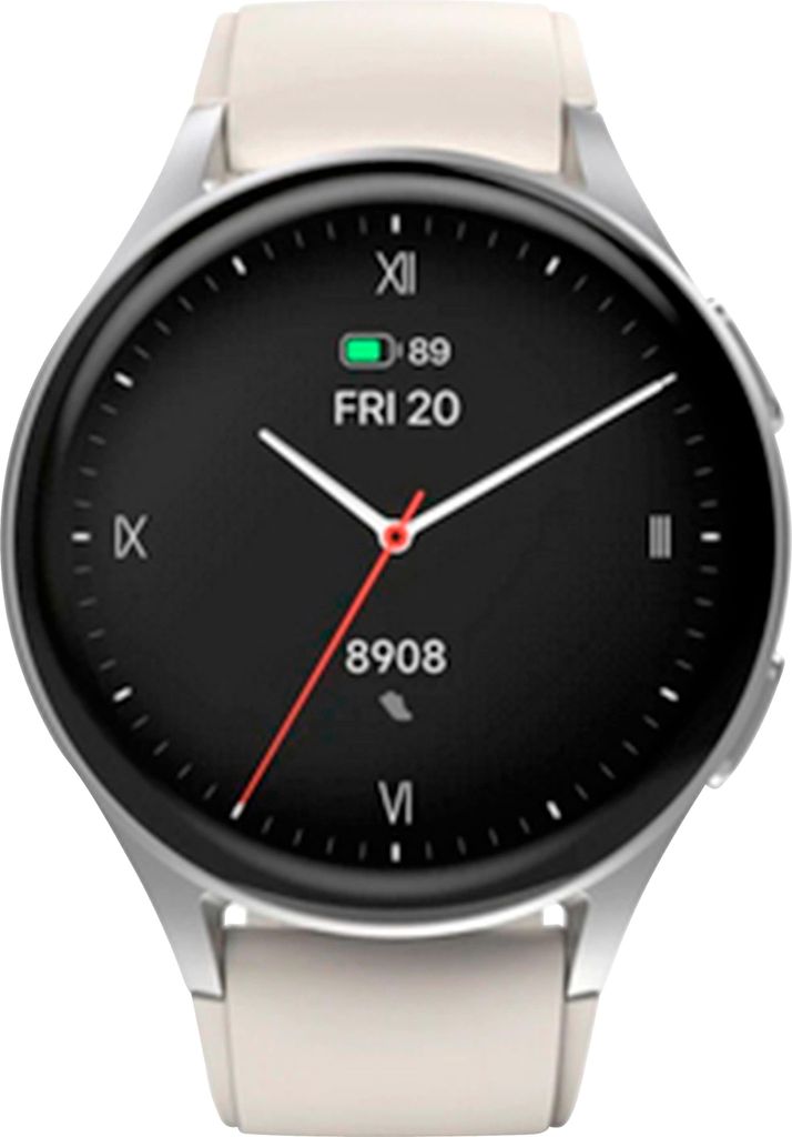 A smartwatch with a silver casing and a white strap is displayed against a white background.
