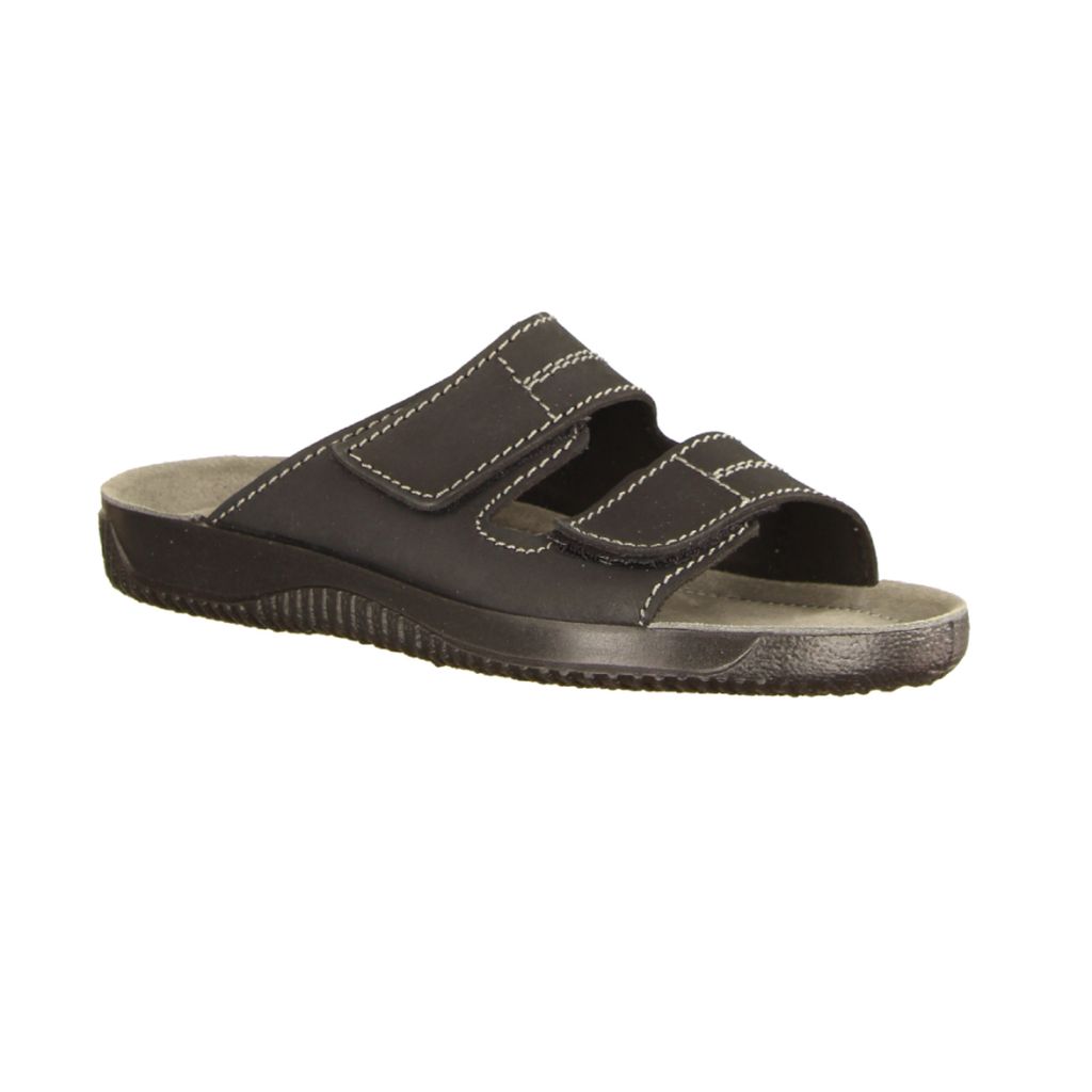 A single black sandal is shown against a white background.