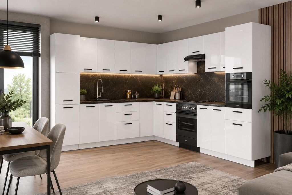 ULWEHOME | Eckküche 580 cm Weiß Hochglanz, Küchenmöbel-Set Produktbild  KI-generiertes Bild