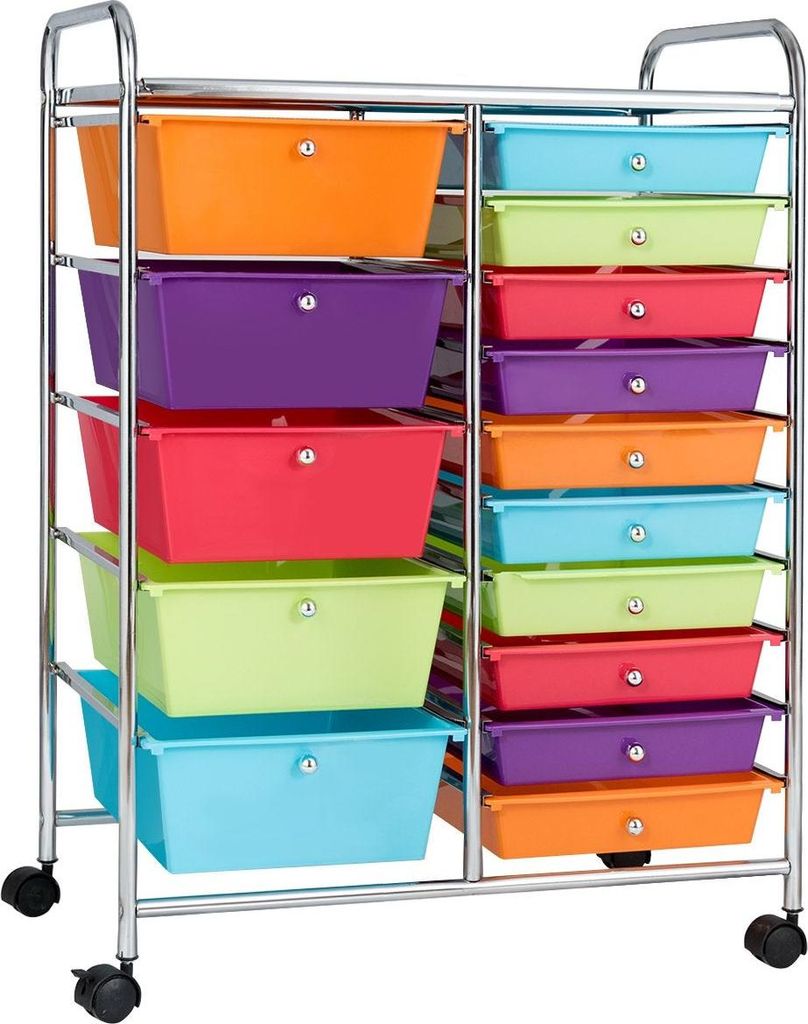 Rollwagen mit 15 stapelbaren Schubladen Rollcontainer Beistellwagen Bunt/Gelb 62,5 x 37 x 87 cm-Bunt