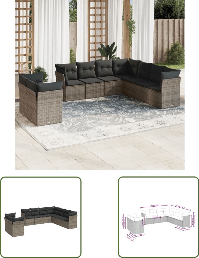 The Living Store 9-tlg. Garten-Sofagarnitur mit Kissen Grau Poly Rattan