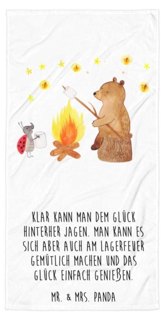 Mr. & Mrs. Panda Strandtuch Bär & Marienkäfer Lagerfeuer - Weiß - Geschenk, Strandlaken, Badehandtuch, Duschtuch, Teddy, Duschhandtuch, Handtuch