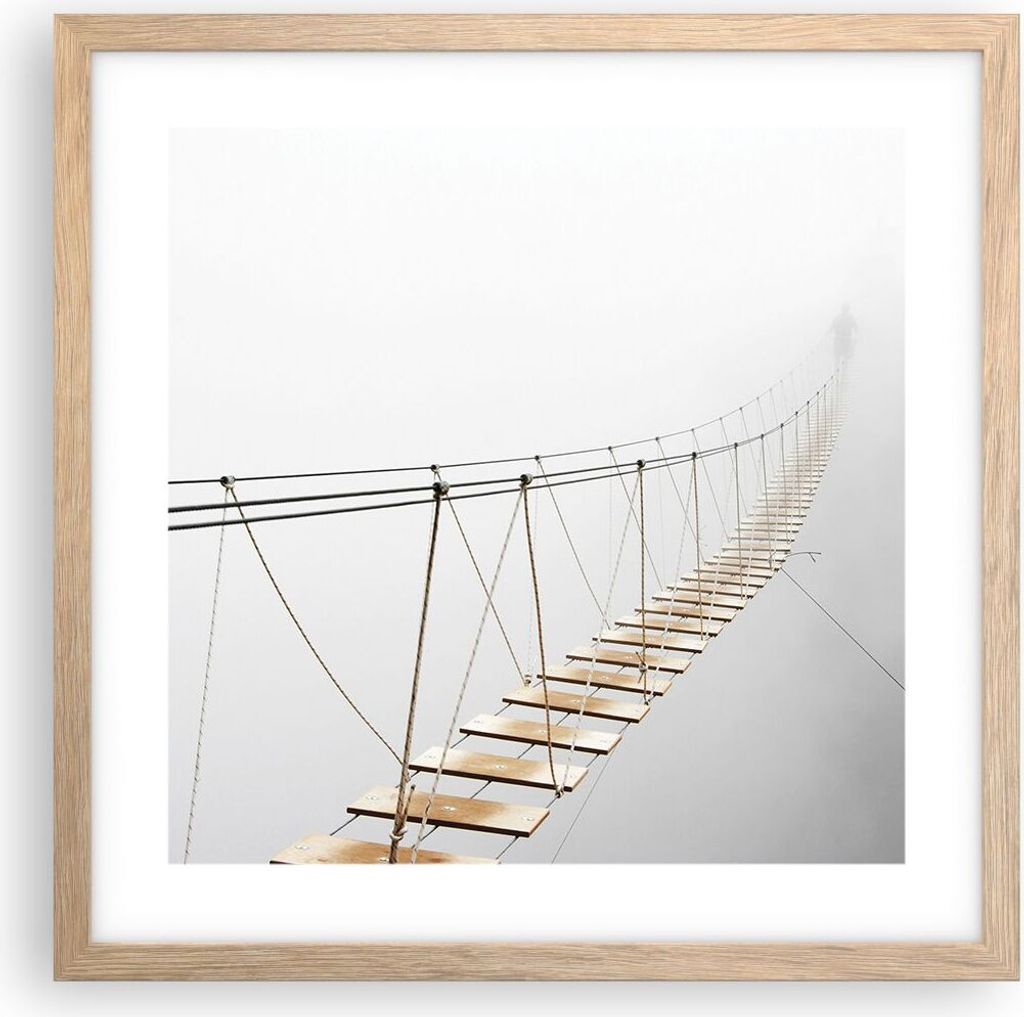 Gerahmtes Poster - Rahmen in heller Eiche - Brücke ausgesetzt Nebel - 40x40 cm - Wand Bild - Wanddeko - Wandbilder - Kunstposter - Wandposter - Bi...