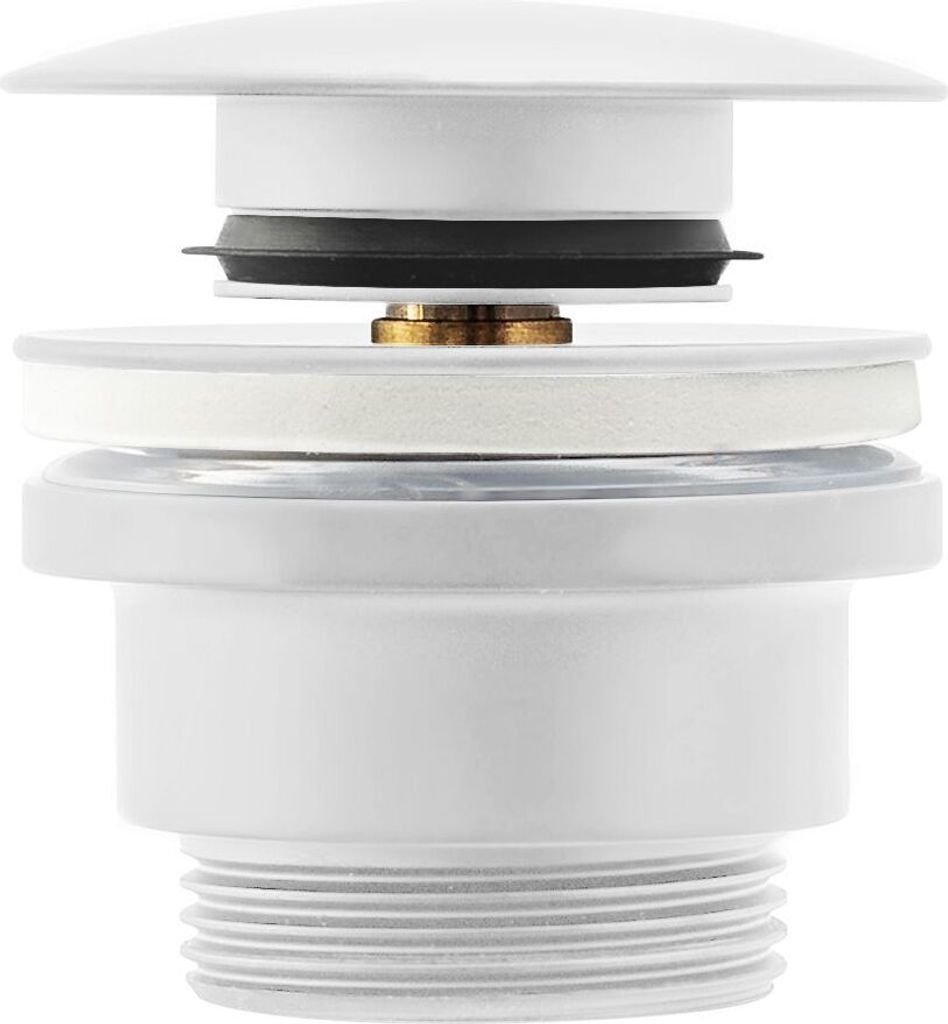 A close-up, studio shot of a white sink drain stopper assembly against a white background.