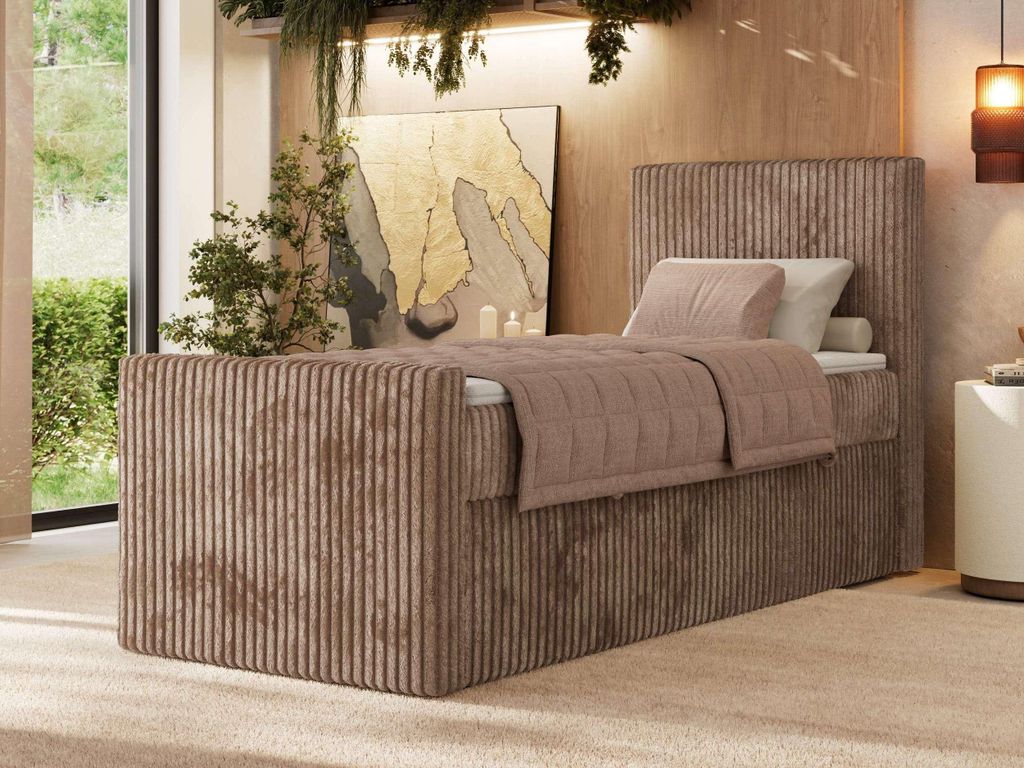 MKS MEBLE Boxspringbett 90x200 TILIANO DUO mit Stauraum, 7-Zonen-Taschenfederkernmatratze, Cordbezug, Einzelbett für Schlafzimmer & Hotel - Braun ...