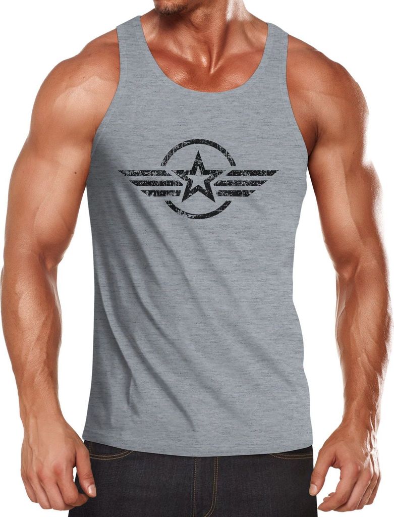 Herren Tank-Top Shirt Airforce Symbol Stern Army Military Aufdruck Emblem Muskelshirt Muscle Shirt Neverless grau S