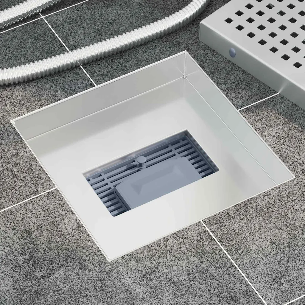 Siphon de sol Punkt 20x20 cm anti-odeur inox argenté évacuation max