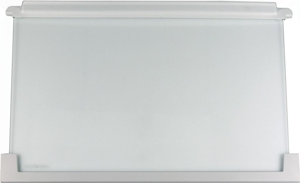 A white refrigerator glass shelf with gray plastic trim on a white background.