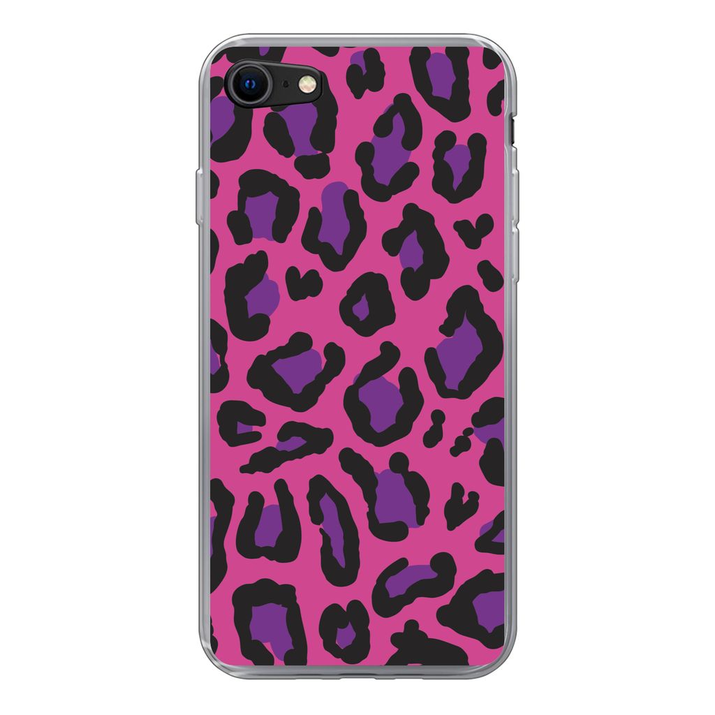 MuchoWow Handyhülle Schutzhülle Hülle für iPhone SE 2022 Pantherdruck - Rosa - Lila Silikon Softcase Handy Hülle - Schutzhülle